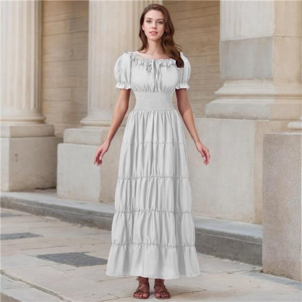 White Off Shoulder Long Dress Renaissance Medieval Pirate Halloween Cosplay - Picture 2 of 6
